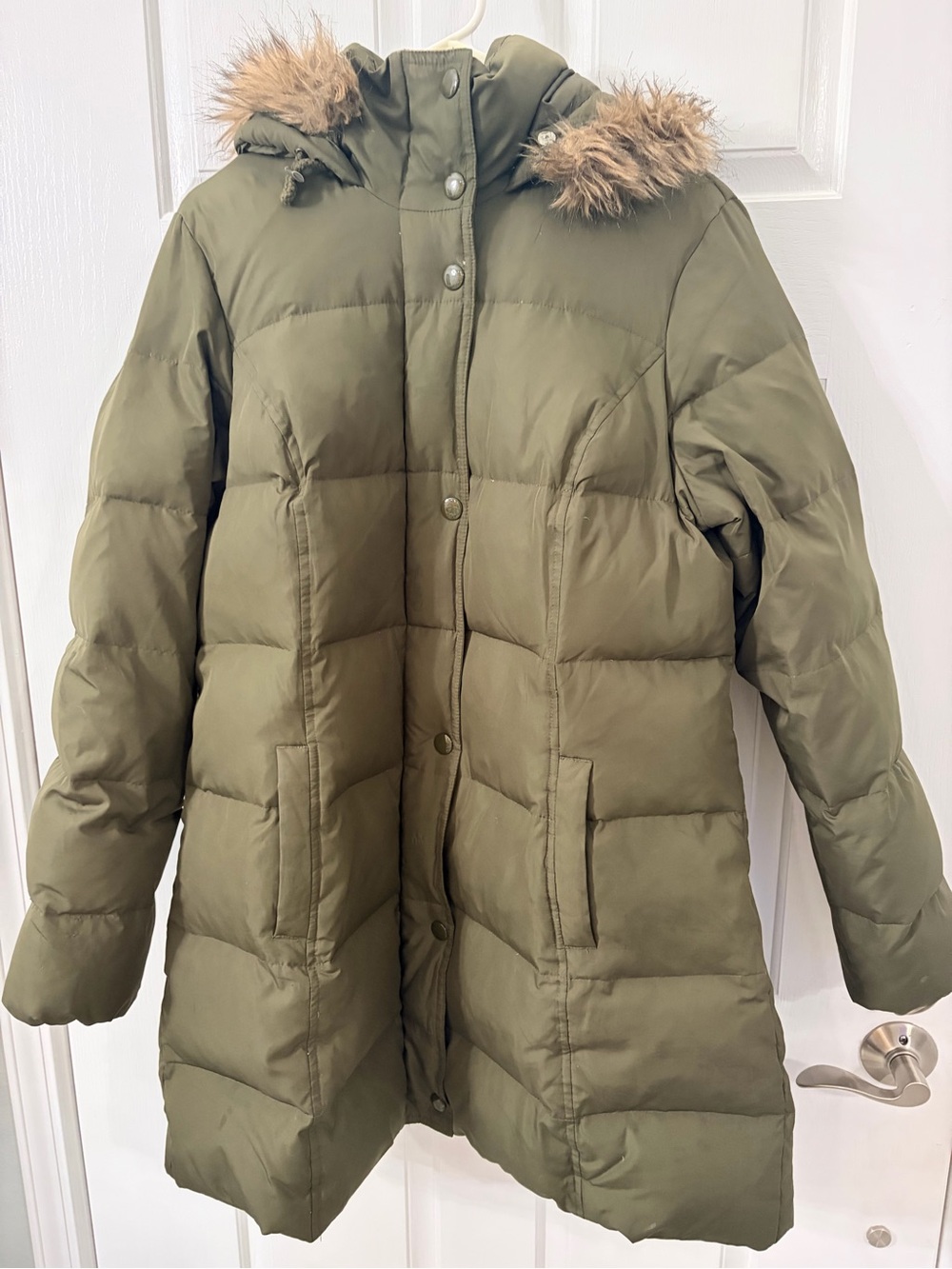 Merona Olive Green Puffer Coat with Faux Fur Trim Hood